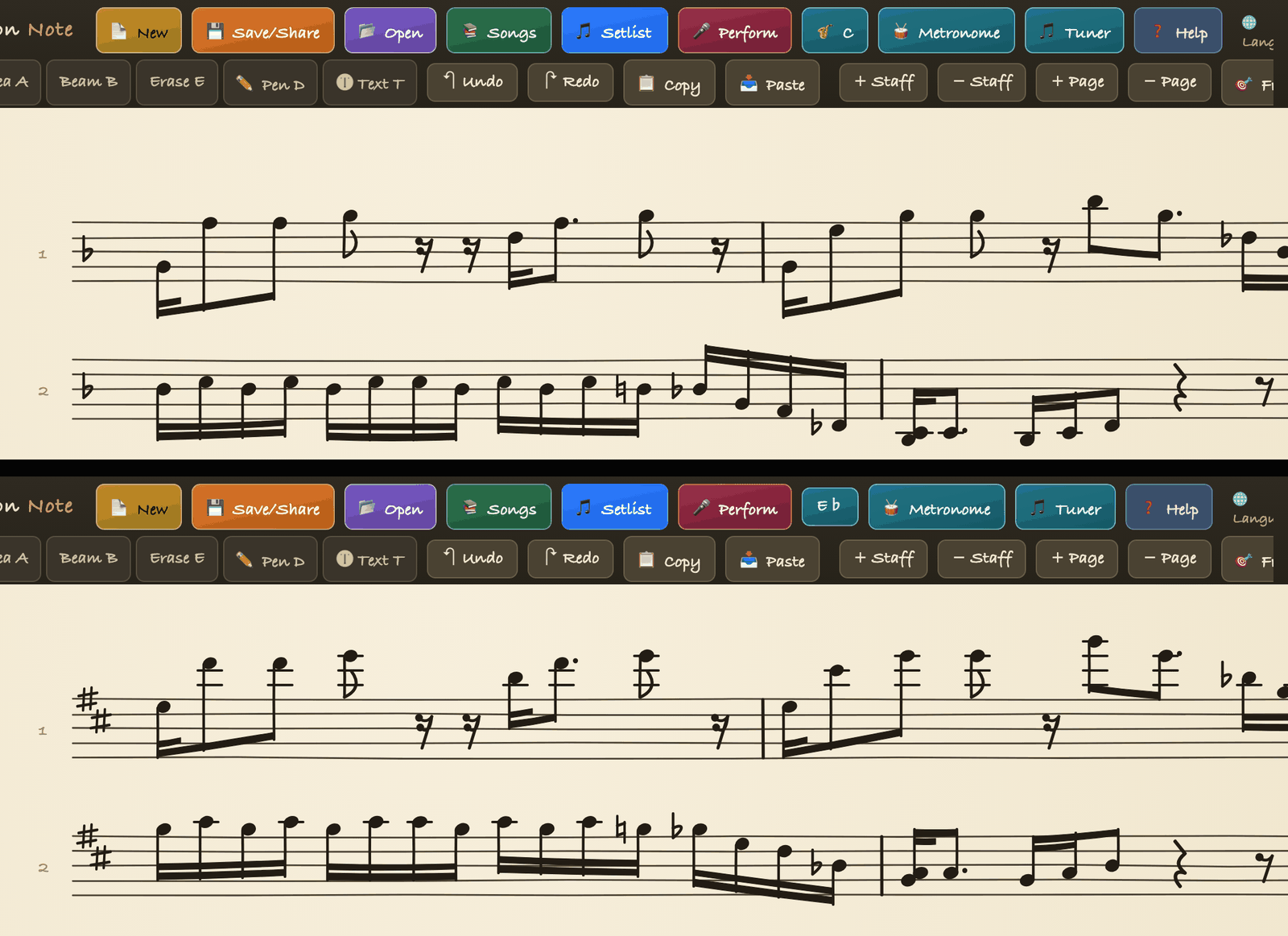 BSN transposed view, actual screen - top: the original chart in F major (concert C); bottom: the same chart viewed for E-flat alto sax, now showing D major with two sharps and the notes moved accordingly