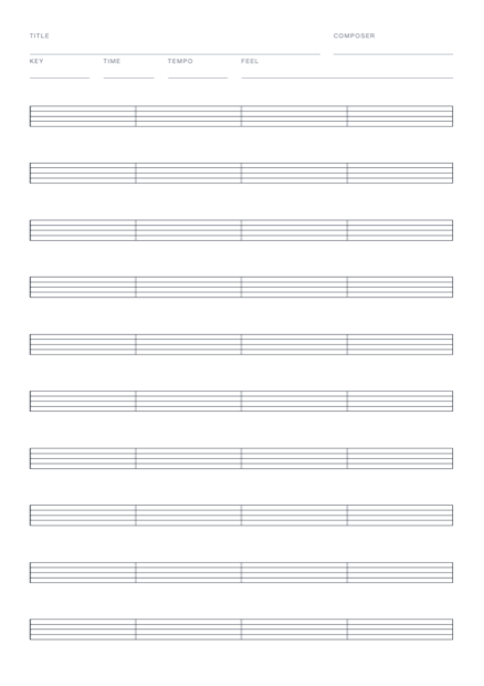 Blank lead sheet with title, key, tempo fields and ten staves with space for chord symbols and lyrics